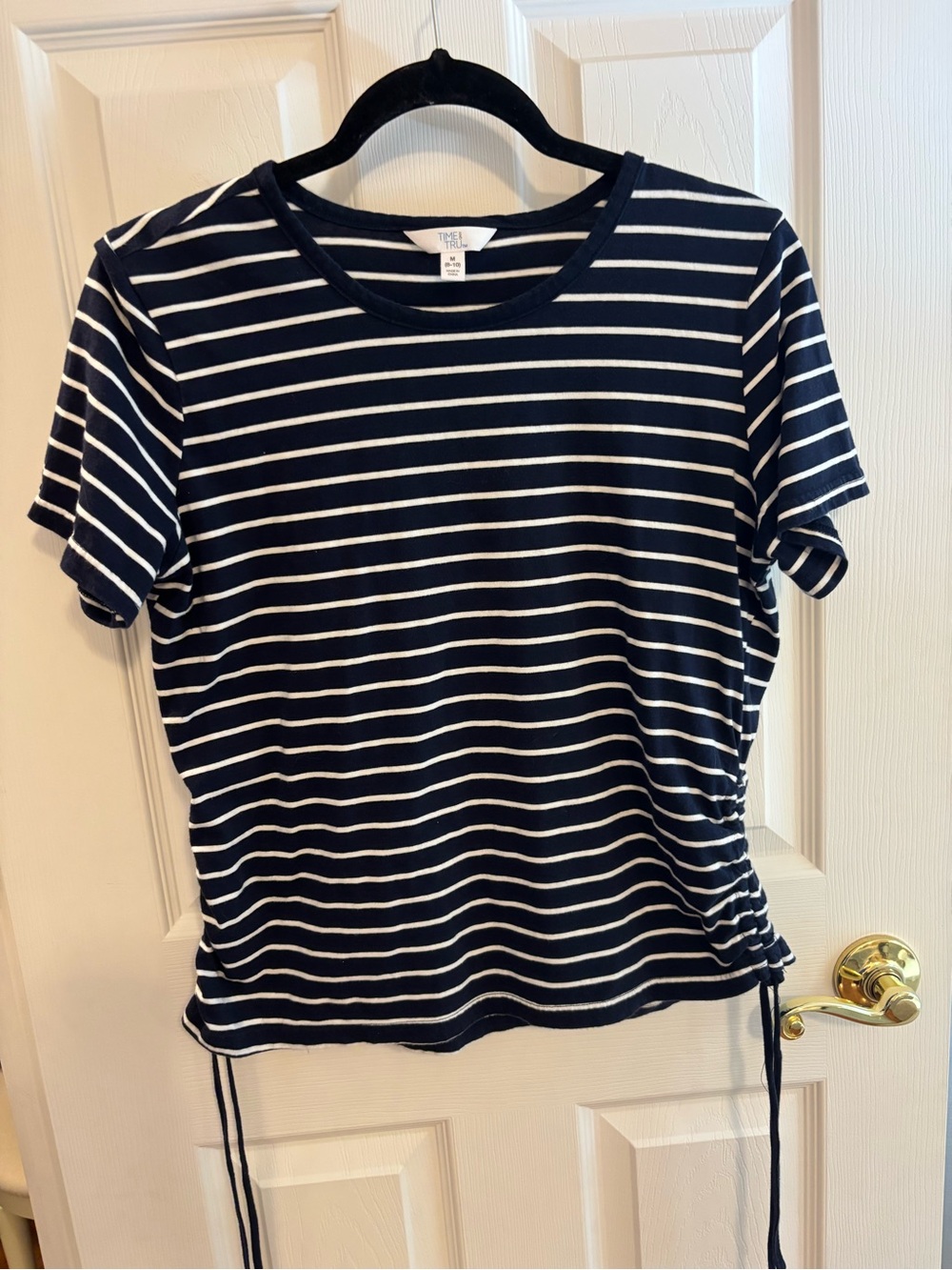 Time and Tru Navy and White Striped Short Sleeve Ruched Side Tee
